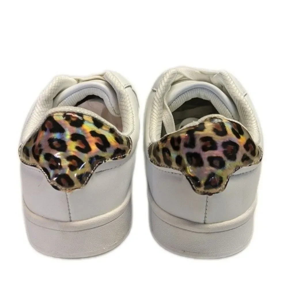 OK white faux leather sneakers, white laces, animal print heel yoke,   8.5